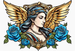 Cupio fly boy wings and a bow,, bacground sea ancient rome gods , blue roses frames tattoo idea