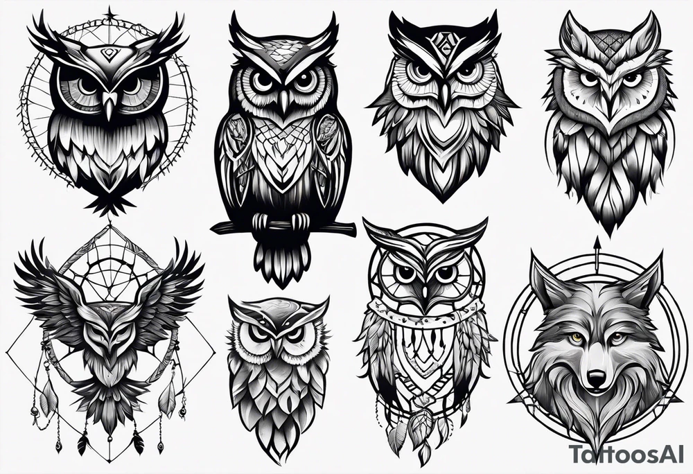 owl, wolf, beaver, and dream catcher tattoo idea