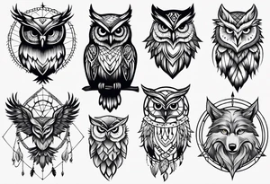 owl, wolf, beaver, and dream catcher tattoo idea