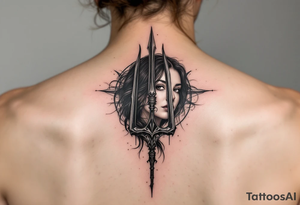 gentle woman face with black hair behind trident tattoo idea