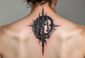 gentle woman face with black hair behind trident tattoo idea