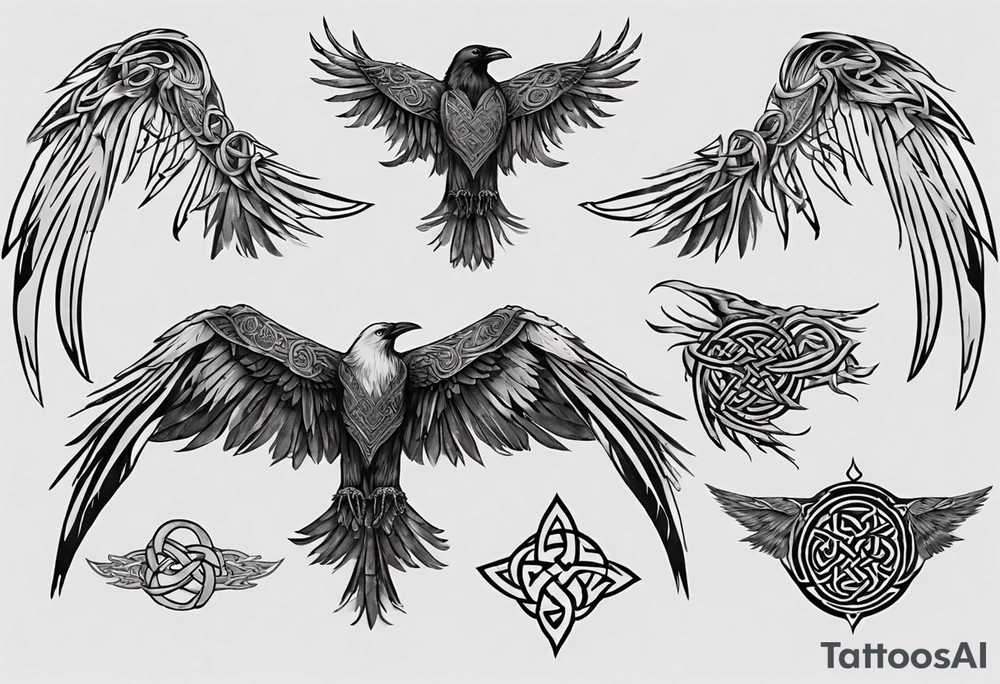 norse style raven wings spread with celtic knotwork tattoo idea
