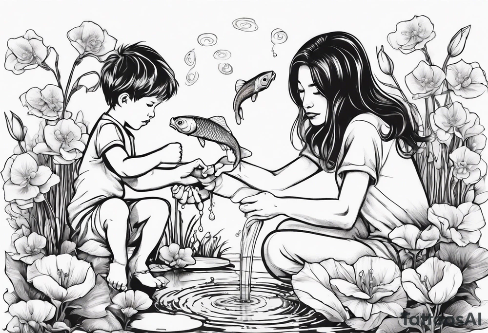 woman and little boy, watering sweet pea flowers, surrounding a pond with 2 koi fish swimming tattoo idea