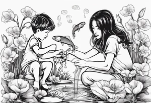 woman and little boy, watering sweet pea flowers, surrounding a pond with 2 koi fish swimming tattoo idea