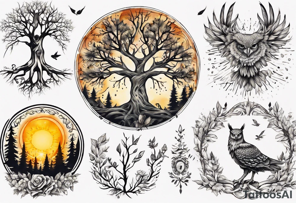 sonne, eule  wald, leben, 
baum, sapere aude tattoo idea
