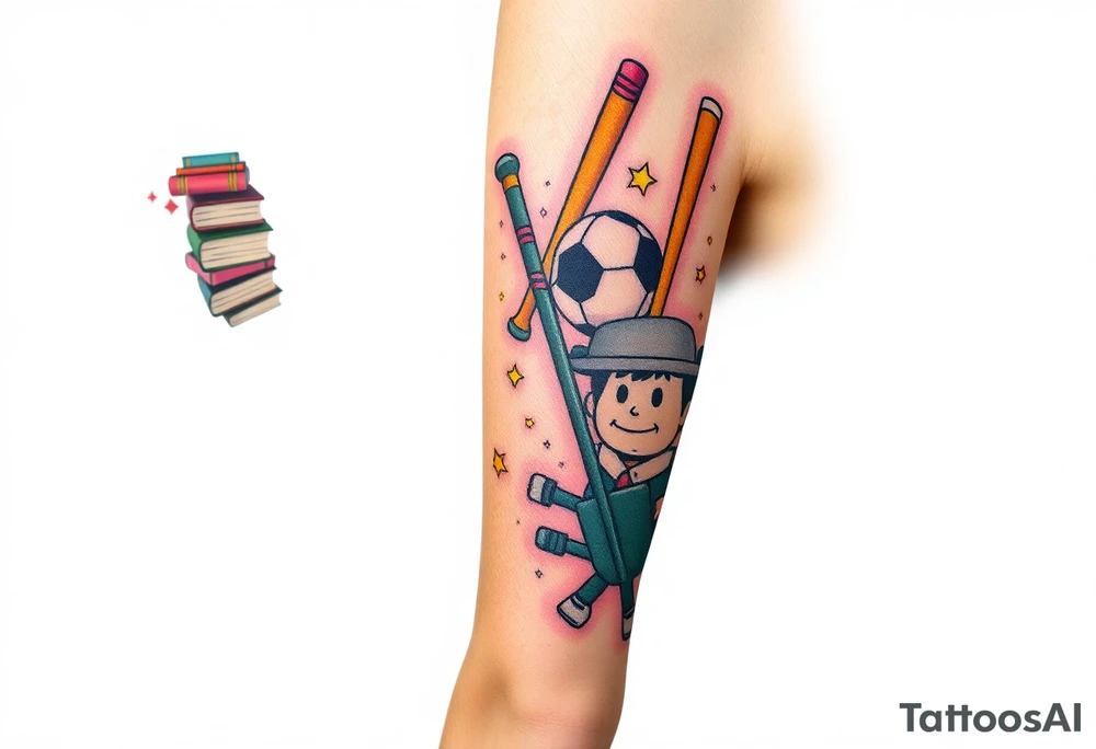 Childhood memories of a small pile of books, a bucket and spade, a football, a cricket bat, a cartoon of Dennis the Menace from the Beano comic, and the American Idiot symbol tattoo idea