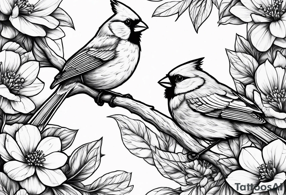 Flowers, 2 birds, cardinal hiraeth tattoo idea