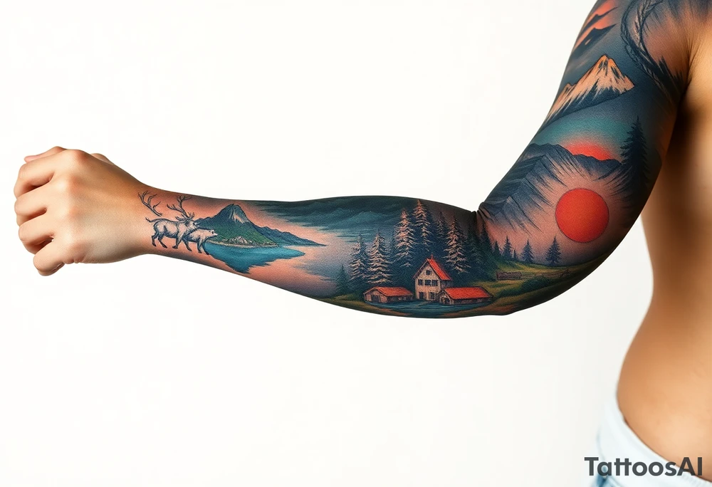 A full-sleeve with the Härjedalen landscape, reindeer, bear, lakes, mountains (Helags), tattoo idea