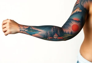 A full-sleeve with the Härjedalen landscape, reindeer, bear, lakes, mountains (Helags), tattoo idea