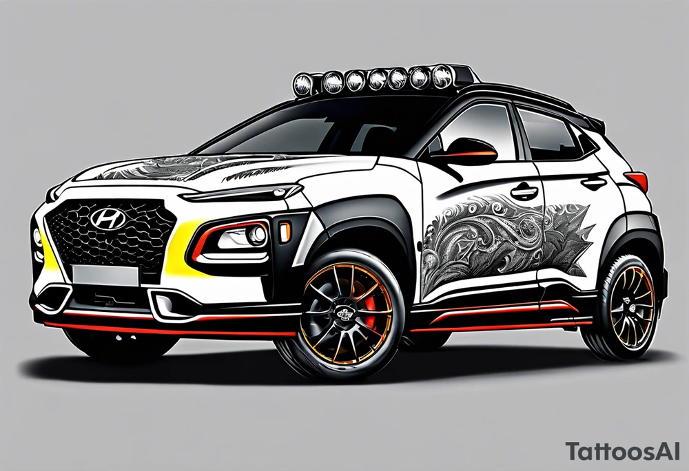 hyundai kona rally muscle car with lightning bolts with a tubocharger in the hood tattoo idea