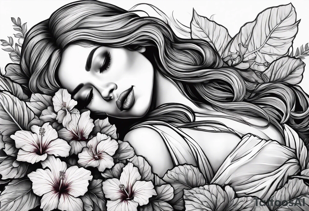 a  female skeleton laying in a bed of hibiscus flower. tattoo idea