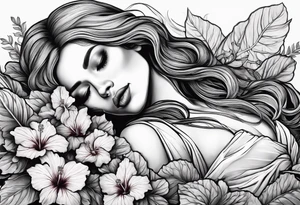 a  female skeleton laying in a bed of hibiscus flower. tattoo idea