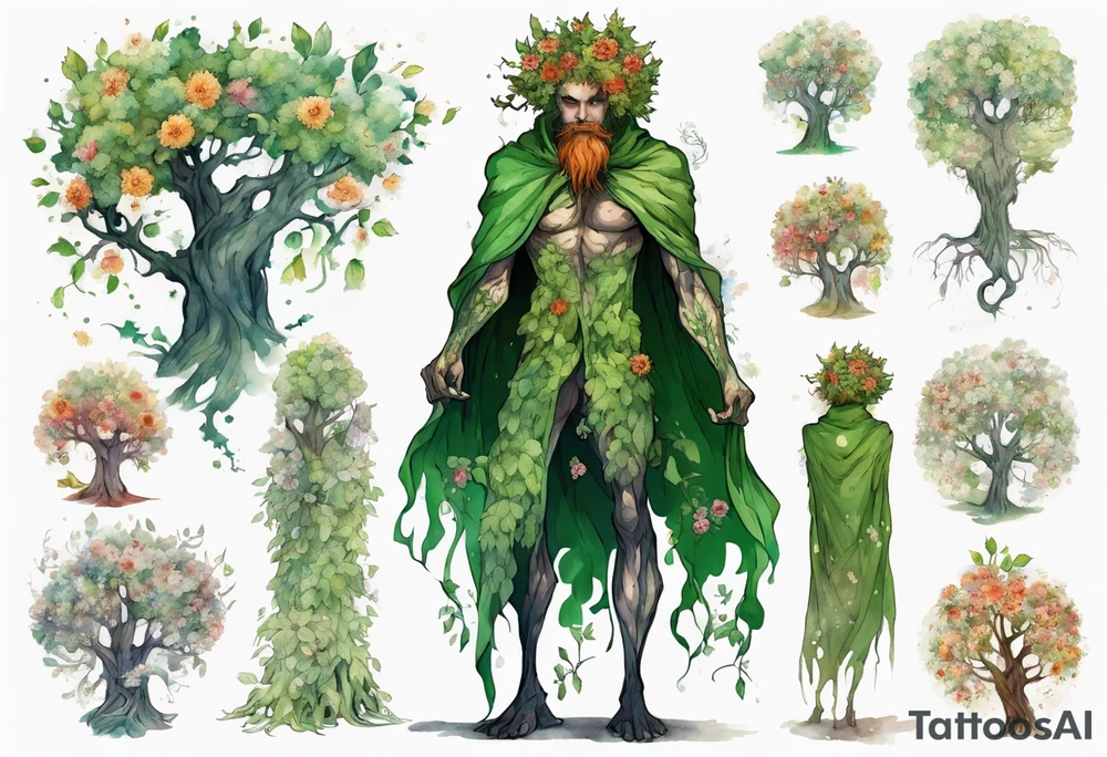 A tall, beautiful 19 year old tree-man hybrid with leafy hair and a cloak made of flowers. tattoo idea