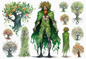 A tall, beautiful 19 year old tree-man hybrid with leafy hair and a cloak made of flowers. tattoo idea