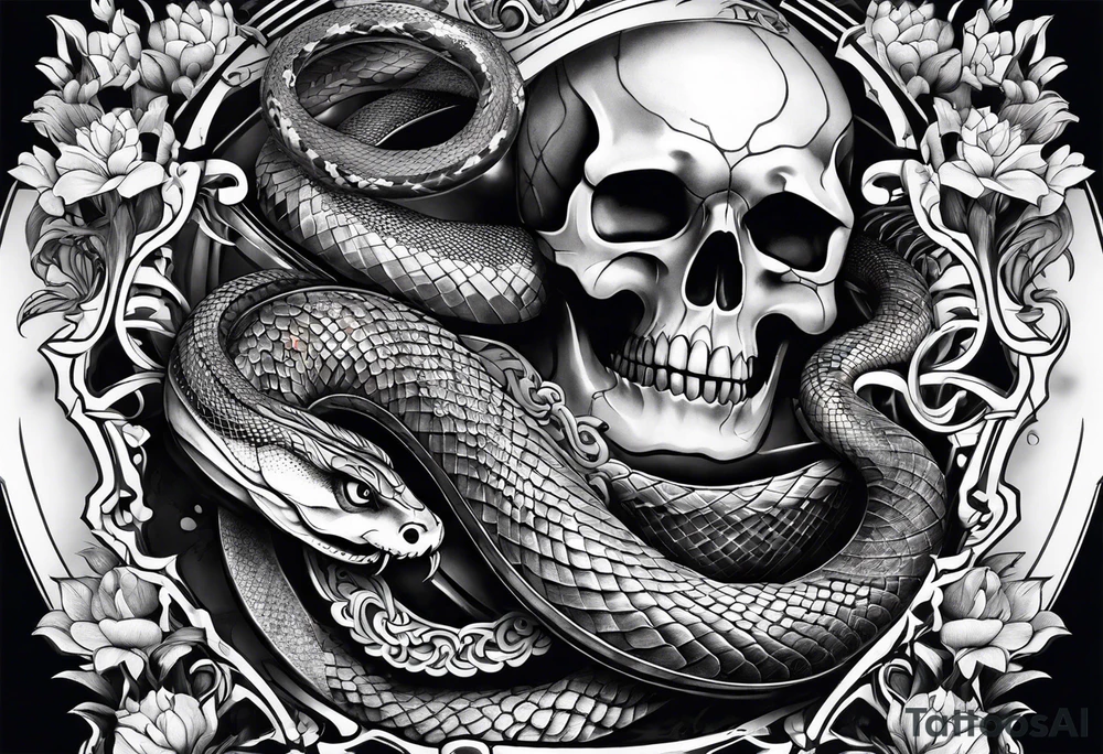 sleeve tattoo with a snake, gun, skull and Japanese designs tattoo idea