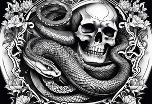 sleeve tattoo with a snake, gun, skull and Japanese designs tattoo idea