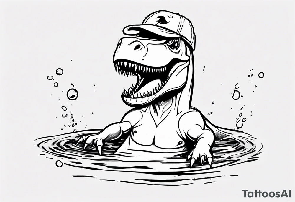 silly happy t rex in a pool wearing water polo cap tattoo idea