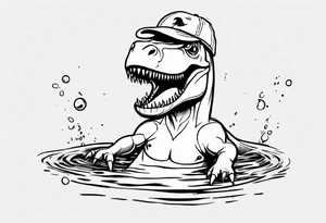 silly happy t rex in a pool wearing water polo cap tattoo idea