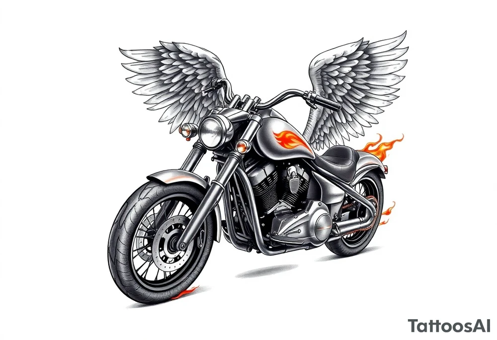 Low rider grey motorcycle, flames, angel wings tattoo idea