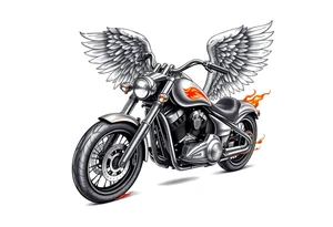 Low rider grey motorcycle, flames, angel wings tattoo idea