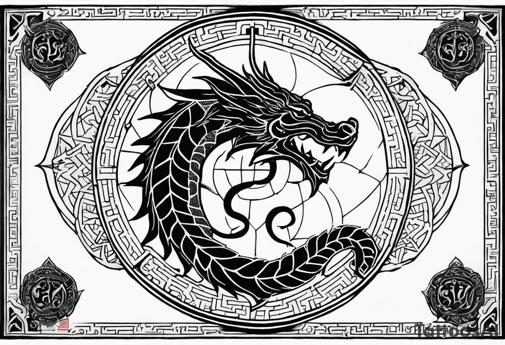 orobourus made from a dragon surrounding vegvisir, the vegvisir symbol should be black line work that is somewhate ancient feeling tattoo idea