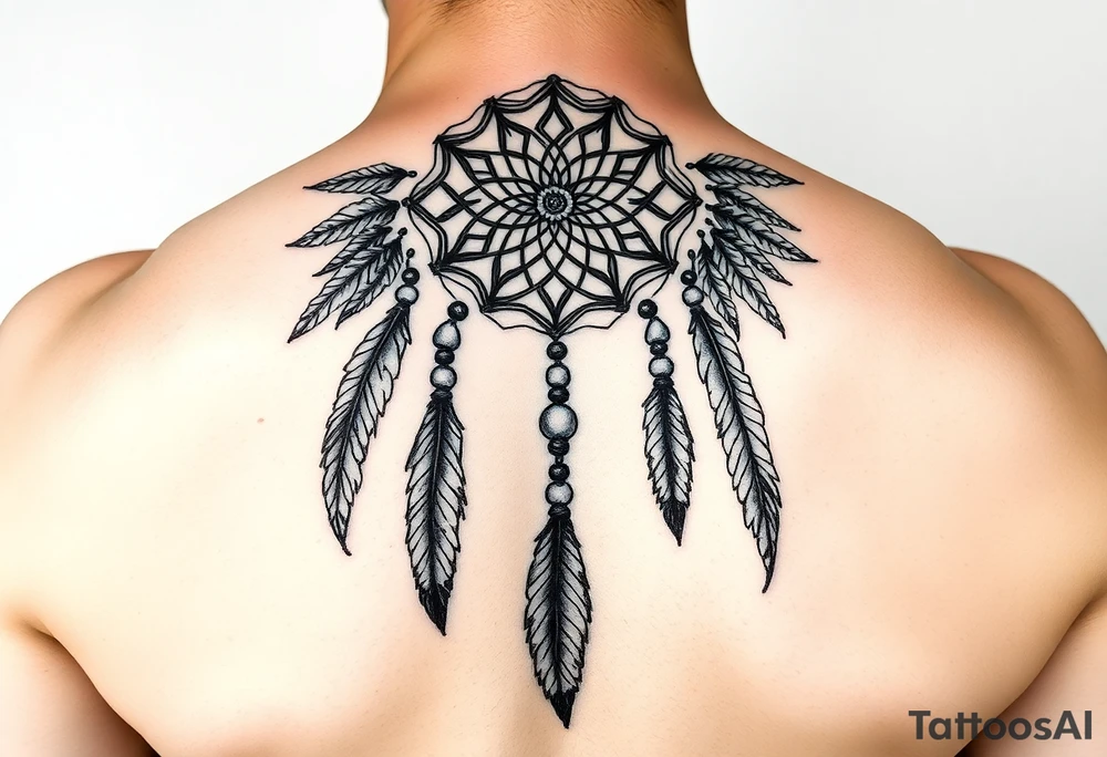 native dreamcatcher with flowing feathers and sacred beads tattoo idea