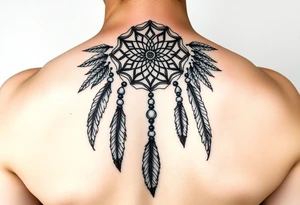 native dreamcatcher with flowing feathers and sacred beads tattoo idea