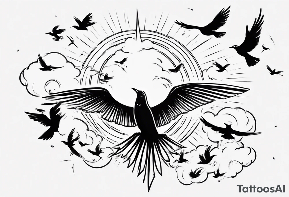 a shoulder tattoo with rays of light, clouds and birds flying free tattoo idea