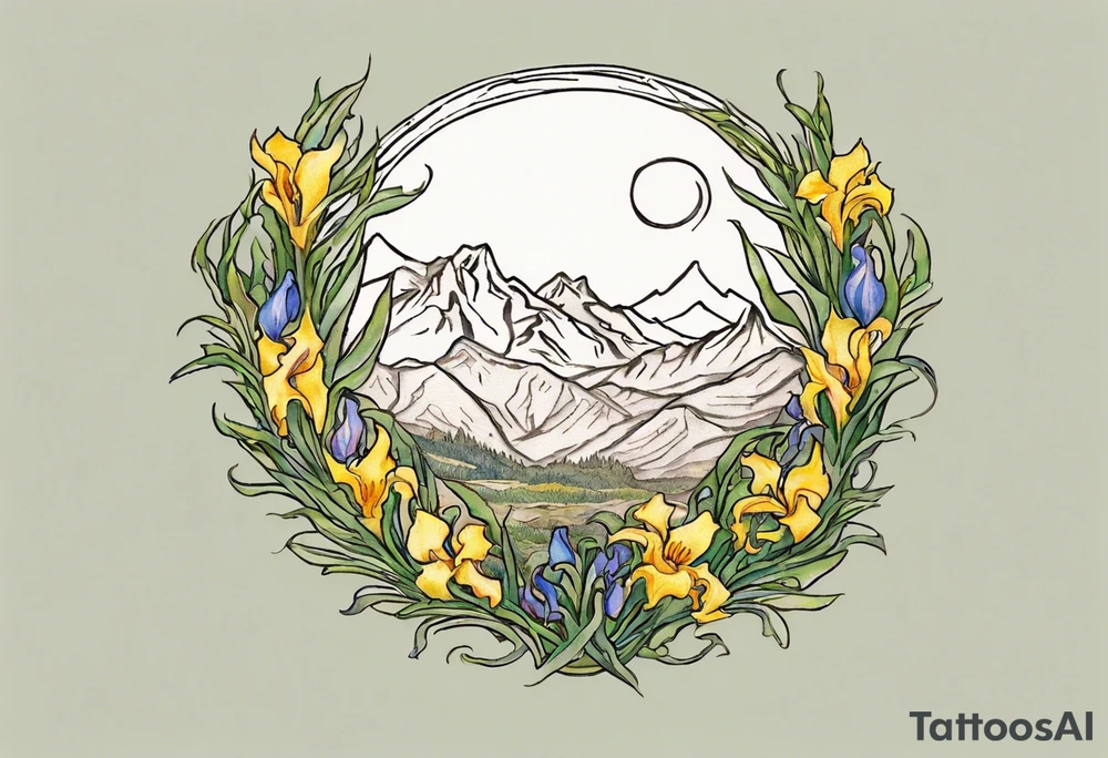 Create a small colorful Vincent van Gogh Irises tattoo in the form of a crescent, with vines or Celtic knots gracefully intertwining at a central point in the middle of the wreath.  In the middle of the wreath are mountains and other items found in New Mexico. Ensure that the design avoids the appearance of a bush and maintains a more structured and deliberate arrangement. The intended placement is on the upper chest. The overall design should be small in size while maintaining a delicate and artistic aesthetic. Pay attention to the graceful flow of the vines and the placement of the irises to achieve a refined and elegant look. tattoo idea