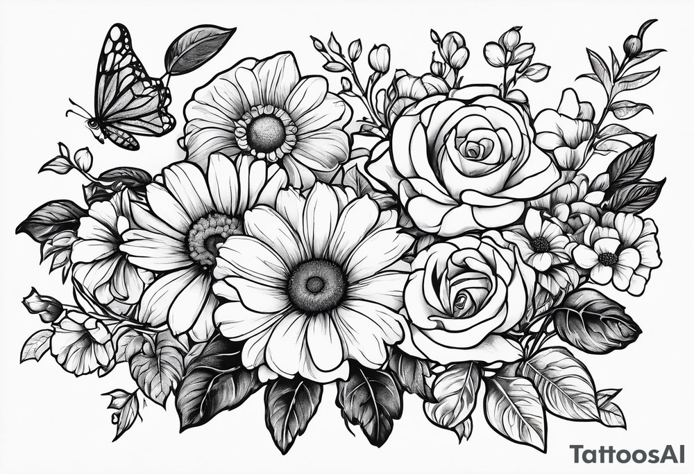 Roses, marigolds, cosmos, daisies, sweet peas and sunflowers vines long lines tattoo idea