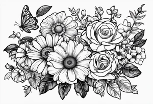 Roses, marigolds, cosmos, daisies, sweet peas and sunflowers vines long lines tattoo idea