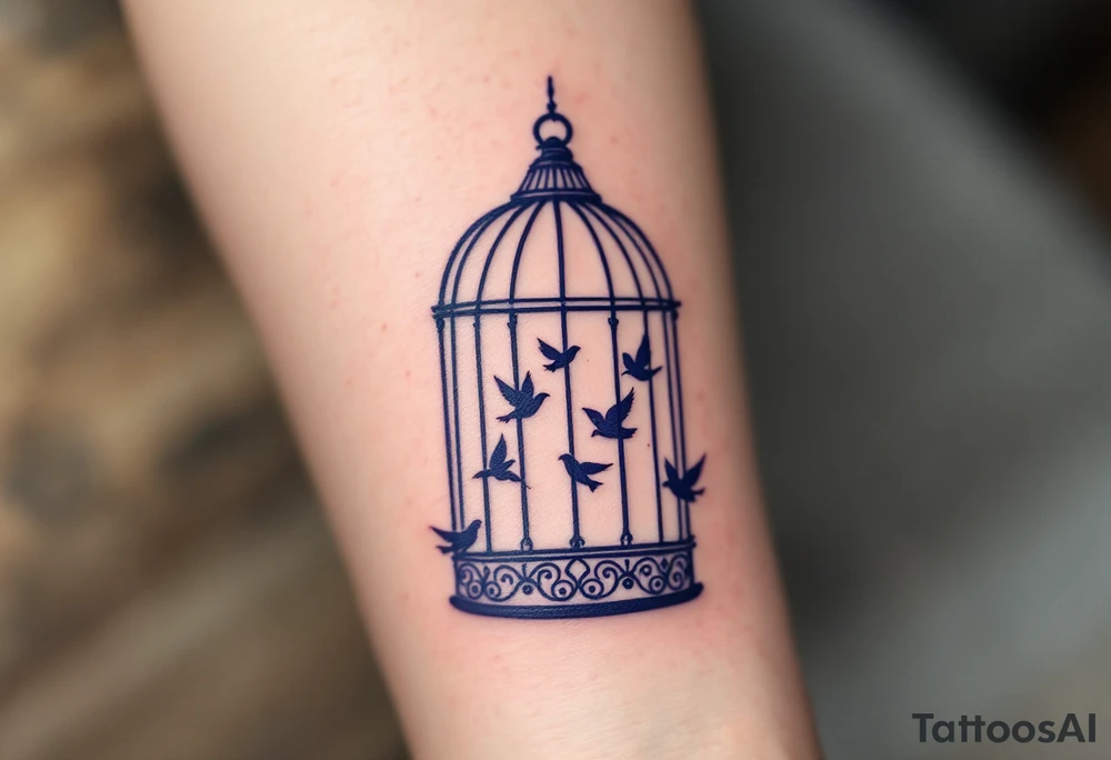 A purple open cage with flying birds illustrates release from mental confinement. tattoo idea