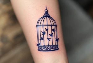 A purple open cage with flying birds illustrates release from mental confinement. tattoo idea