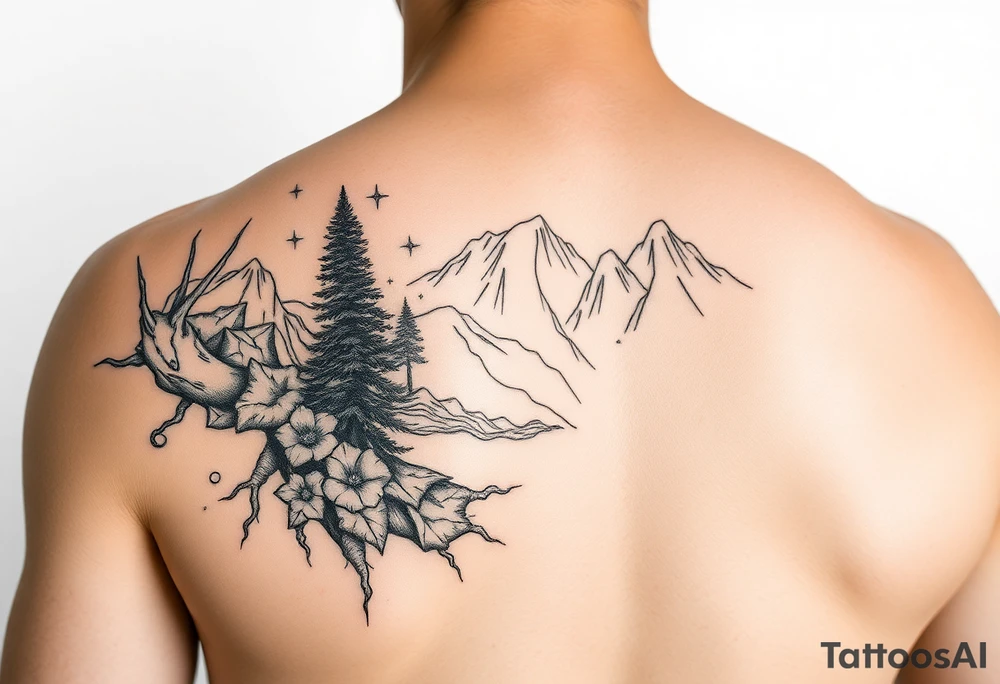 Fine line nature themed upper arm half sleeve tattoo idea