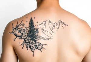 Fine line nature themed upper arm half sleeve tattoo idea