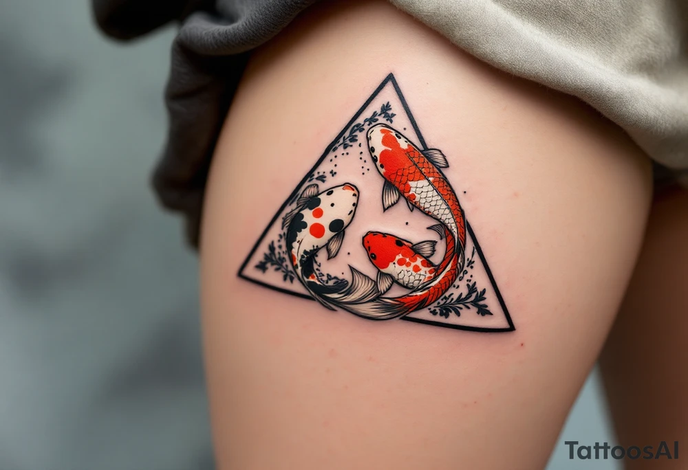 A triangle formed by three koi fish in orange, black, and white, swirling in harmony. tattoo idea