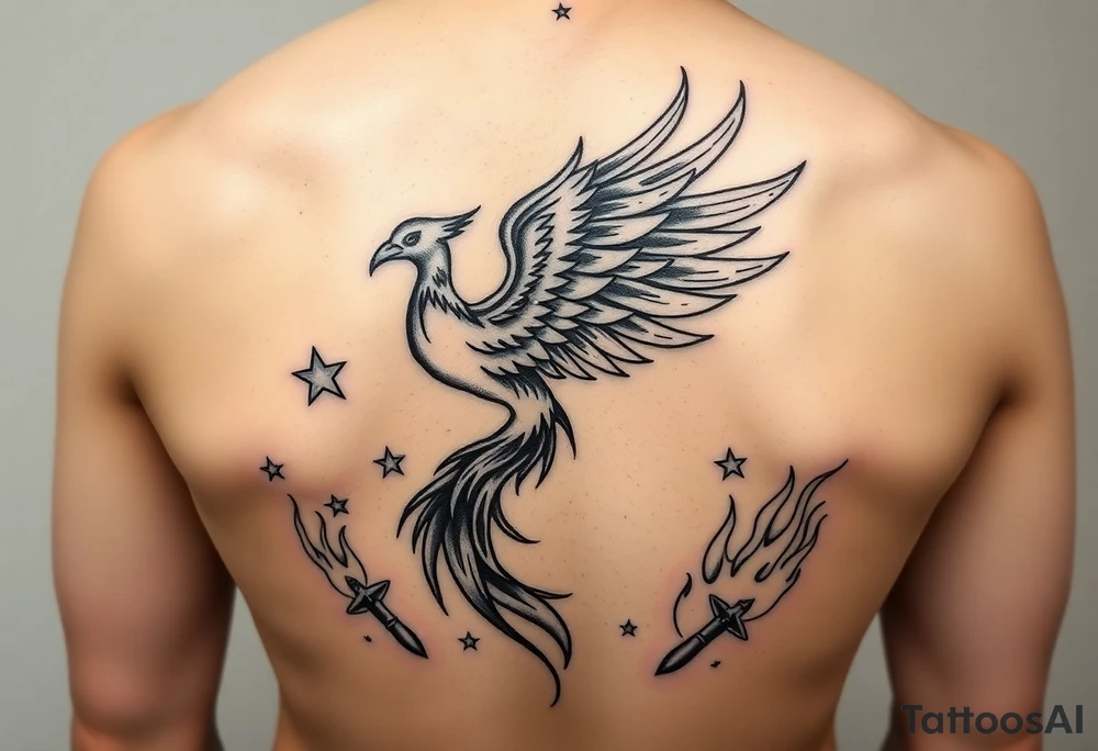 Phoenix rising from flames, surrounded by ninja stars and ballistic missiles, semicolon integrated into the design, fine line black ink, minimalist but dramatic”

The semicolon tucked into the phoenix wing or tail would be chef’s kiss — subtle but loaded with meaning for anyone who knows. tattoo idea