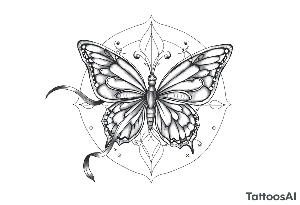 ethereal butterfly with flowing silk ribbons in geometric mandala tattoo idea