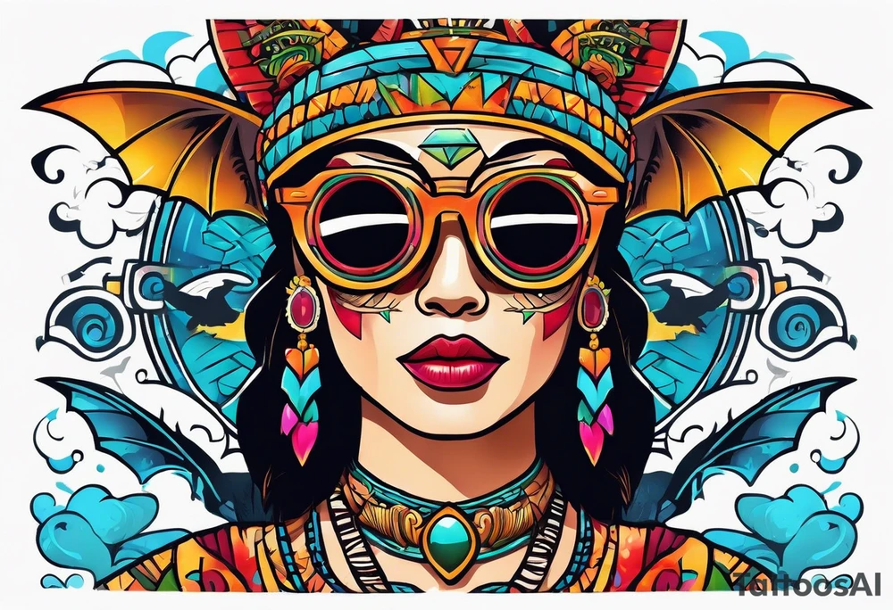 Colorful Mayan hieroglyph wearing sunglasses with bats and water tattoo idea