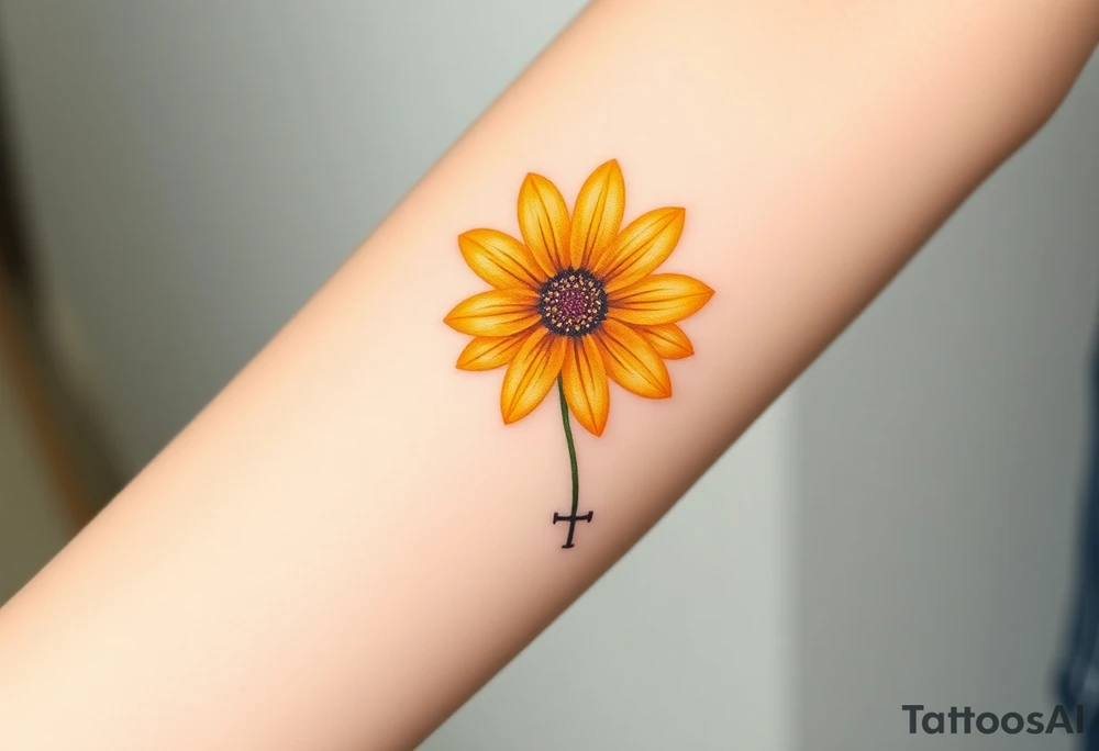 Simple yellow daisy with Purple Hearts & cross tattoo idea