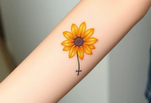 Simple yellow daisy with Purple Hearts & cross tattoo idea