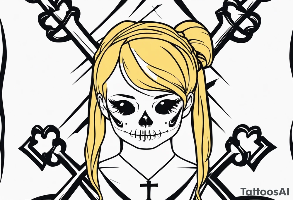 Skull and cross bones with blonde pigtails tattoo idea