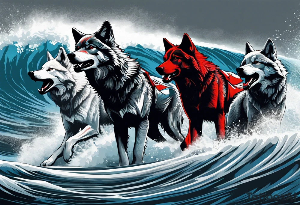 a pack of 3 howling muscular  gray wolves surfing waves with a linear background with red, white and black and gray tattoo idea