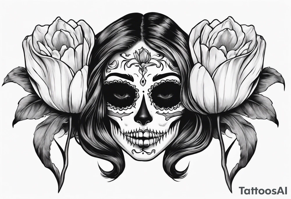 Catrina head with dutch tulip between teeth, from side tattoo idea Catrina head with dutch tulip between teeth, from side tattoo idea