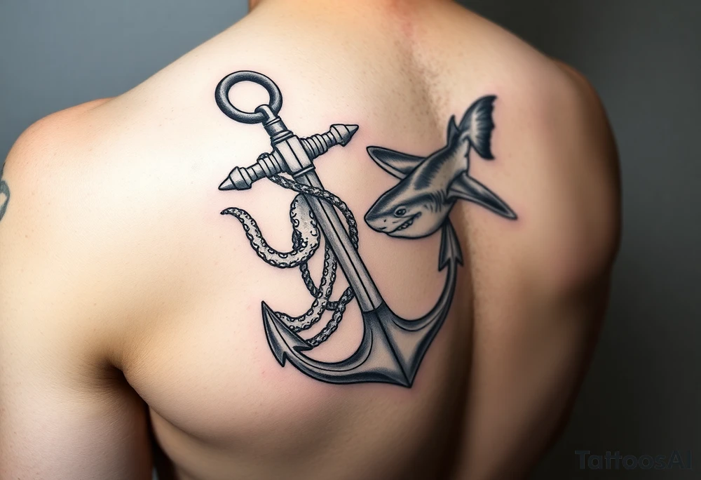 anchor with a pair of lung ingraved on it with an octopus who is holding the anchor and pulling doward on my forearm then on my upper arm and shoulder a hammerhead shark who is tied to the anchor and  pulling up on it tattoo idea