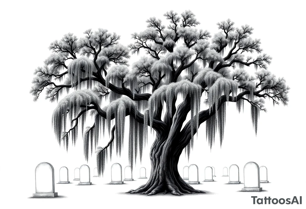 Oak tree with Spanish moss in a cemetery tattoo idea