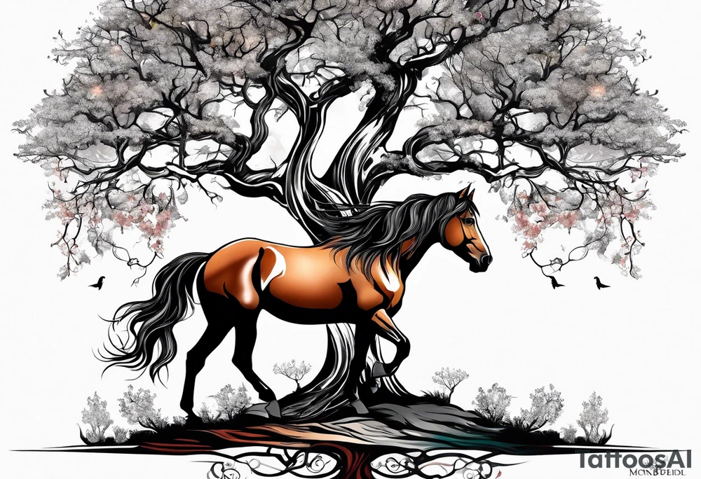 Realistic Horse and Yggdrasil tree tattoo idea