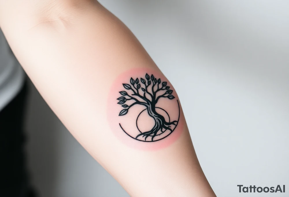 Tree with few leaves encircled in a spiral circle starting from the center of the tree tattoo idea