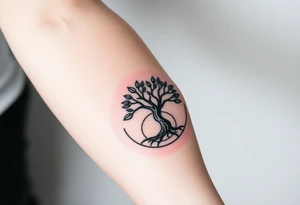 Tree with few leaves encircled in a spiral circle starting from the center of the tree tattoo idea