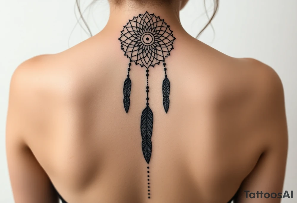 Thin spinal tattoo following down the spine in native dreamcatcher with flowing lines made of a discreet connection of morse code ".--- .- --.     .-.. ... -.- .- .-.   -.. .. --.     .-.. .. .-.. .-.. . -... .-. --- .-. connected to flowing feathers tattoo idea